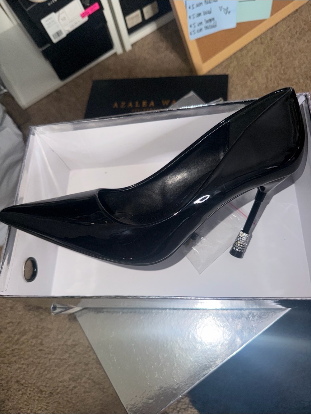 Azalea Wang Women's Black Patent Pointed Stiletto Heel with Embellished Heel